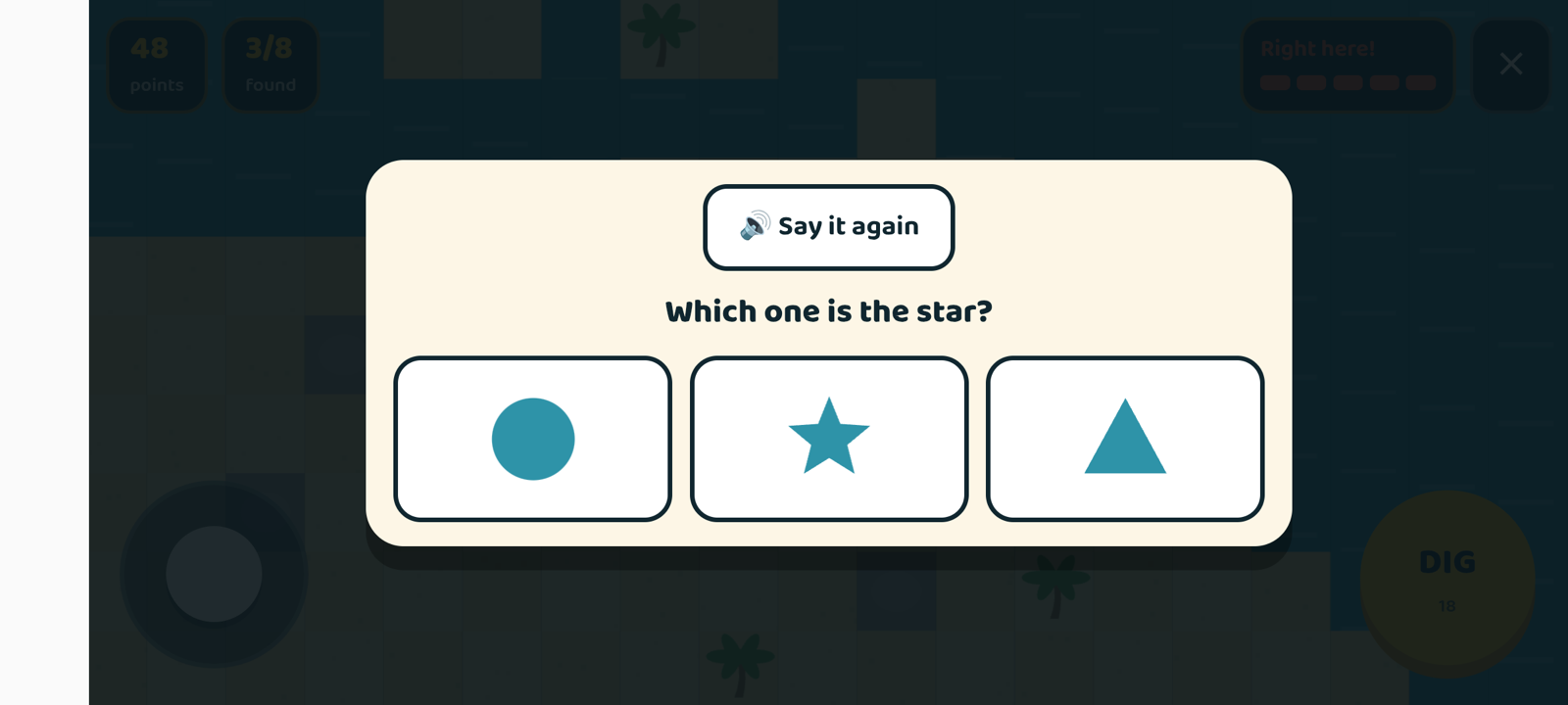 A counting question for a younger child, with gems drawn on screen and three large buttons
