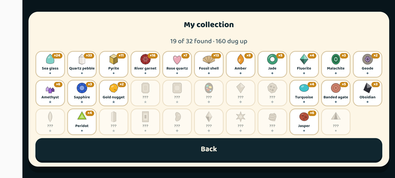 The collection screen showing the gems found so far, each a different shape, with how many of each
